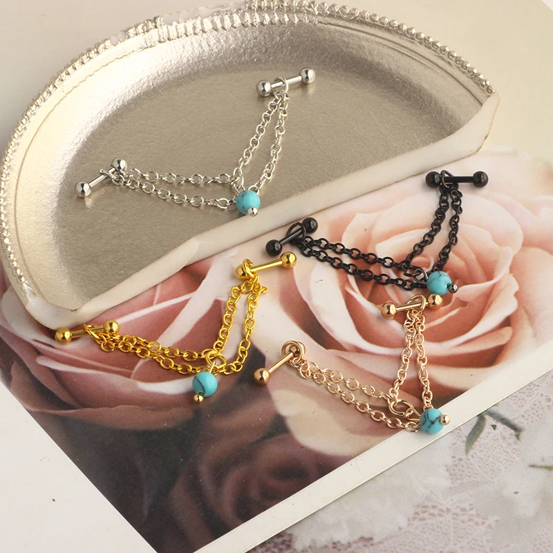 Stainless Steel Barbell Helix Cartilage Stud Earrings Chain Bead Dangle 16g Forward Helix Tragus Daith Conch Piercing J