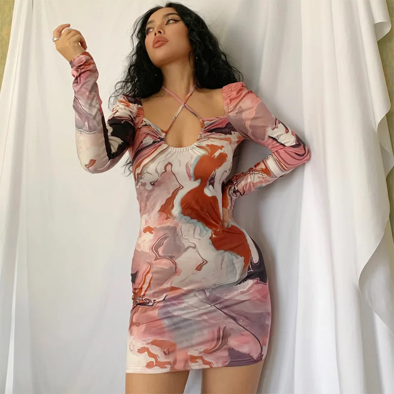 Vestido de Moda Impressão de Manga Mulheres Sexy Cruz Longa Quadrado Pescoço Magro Ajuste Hip Impressão Vestido Tendência Mulher Roupas 2022 Verão 4 Computers & Electronics