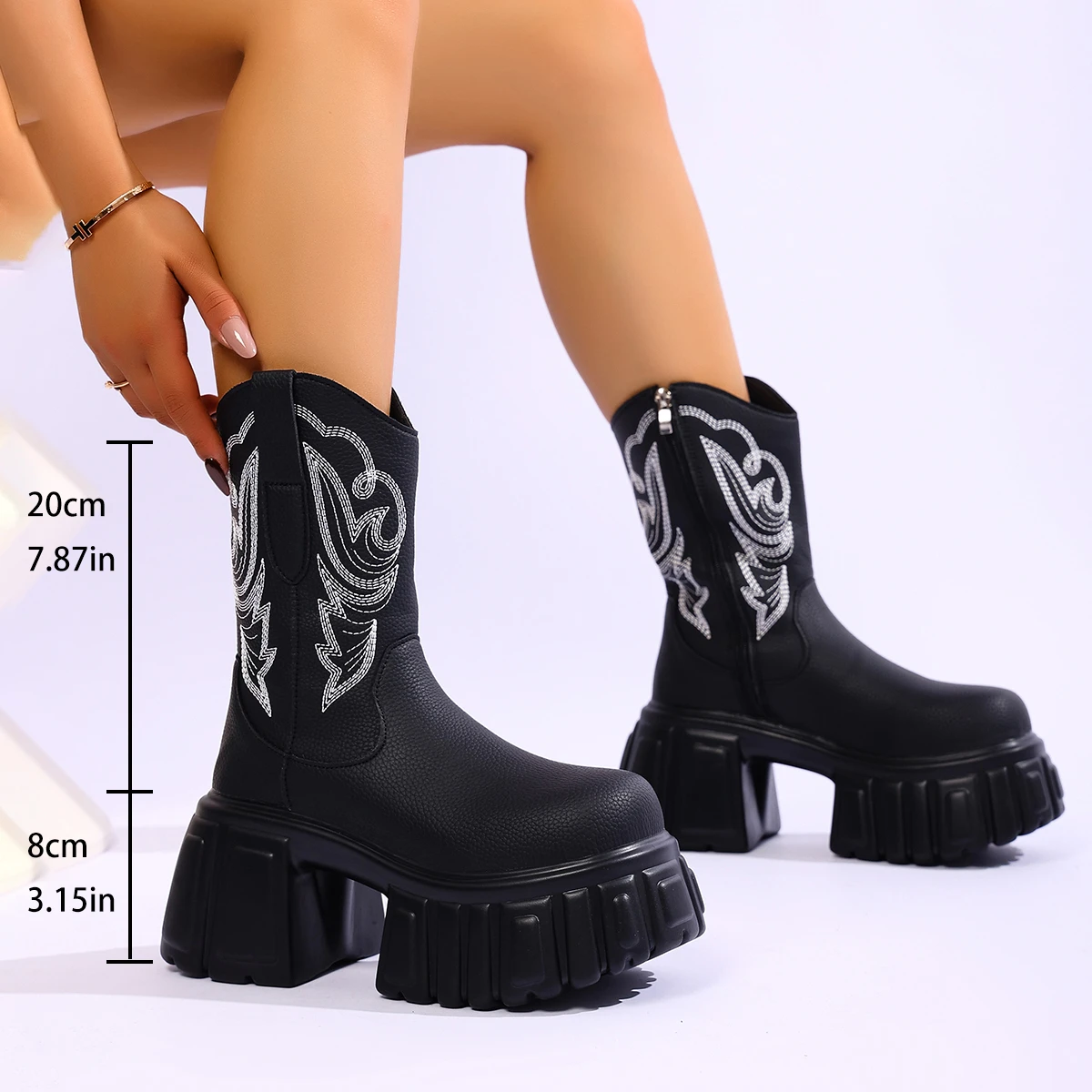 Aphixta Chunky Heels Fashion Woman Ankle Boots Side Zipper Round Toe Woman Winter Shoes Sewing Embroidery Modern Boots Size 42