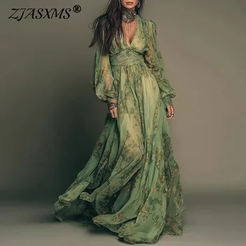 Elegant Green Floral Print Chiffon Maxi Dress Spring Sexy Deep V Neck High Waist Long Dress New Summer Bohemian Beach Maxi Dress 1