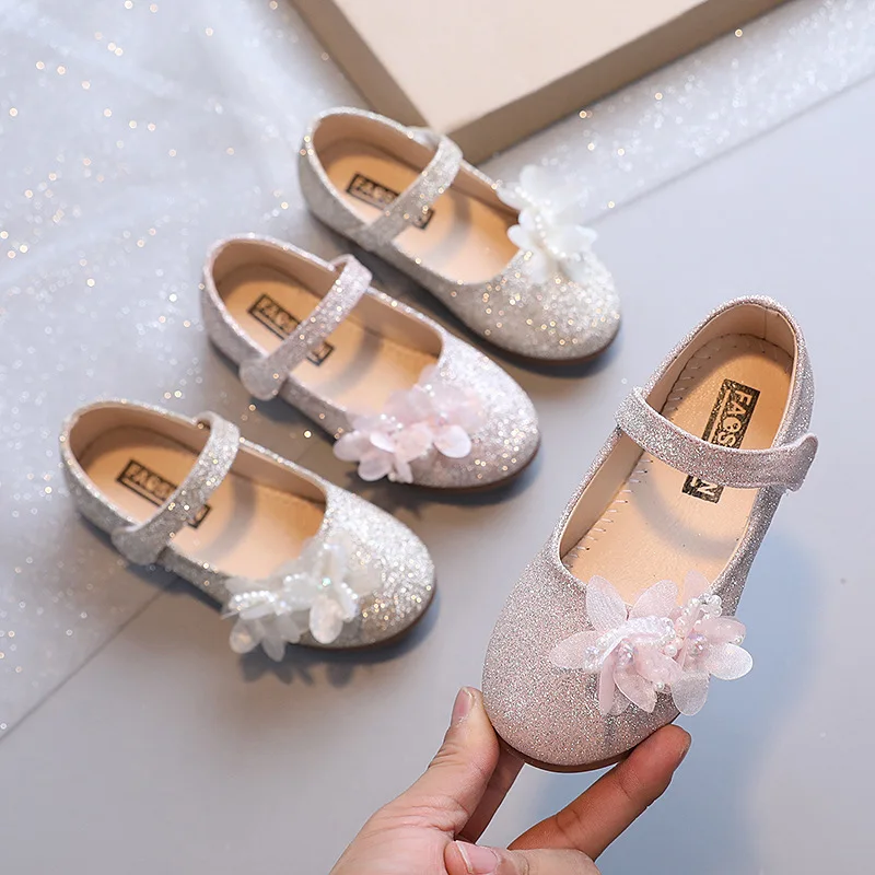 

Spring Autumn Girls' Sparkling Pearl Flower Soft Sole Dance Princess Shoes Children's Lightweight Comfortable Leather Shoes