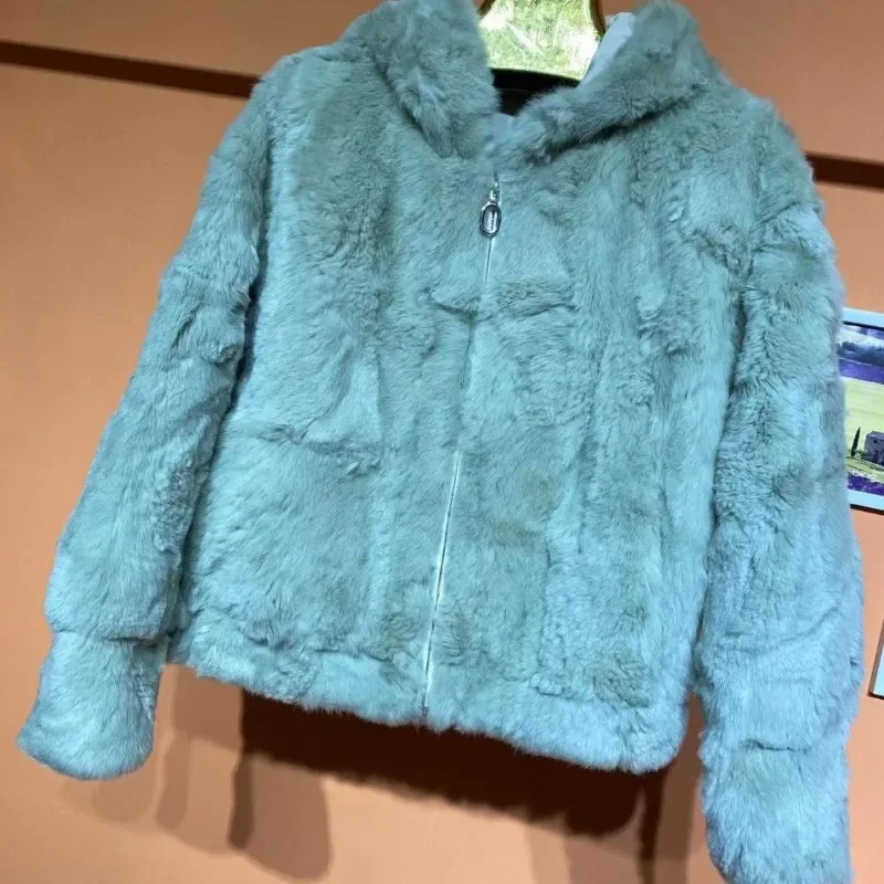 Real Rex Rabbit Fur Coat Women High Quality New Hooded Fur Jacket Thick Warm Short Jacket Zipper Outerwear Women's Clothing New
