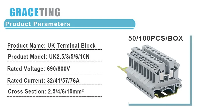 Description Picture 2 of item1 Box UK2.5B/3N/5N/6N/10N Terminal Block Screw Clamp Connector DIN Rail Universal Brass Wiring Voltage Terminal