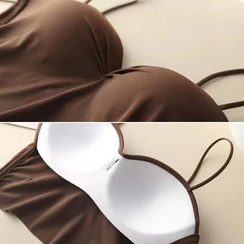 Spaghetti Strap Ice Silk Camisole for Women Solid Push Up Crop Tops With Chest Pad women tank tops lace camisole tops