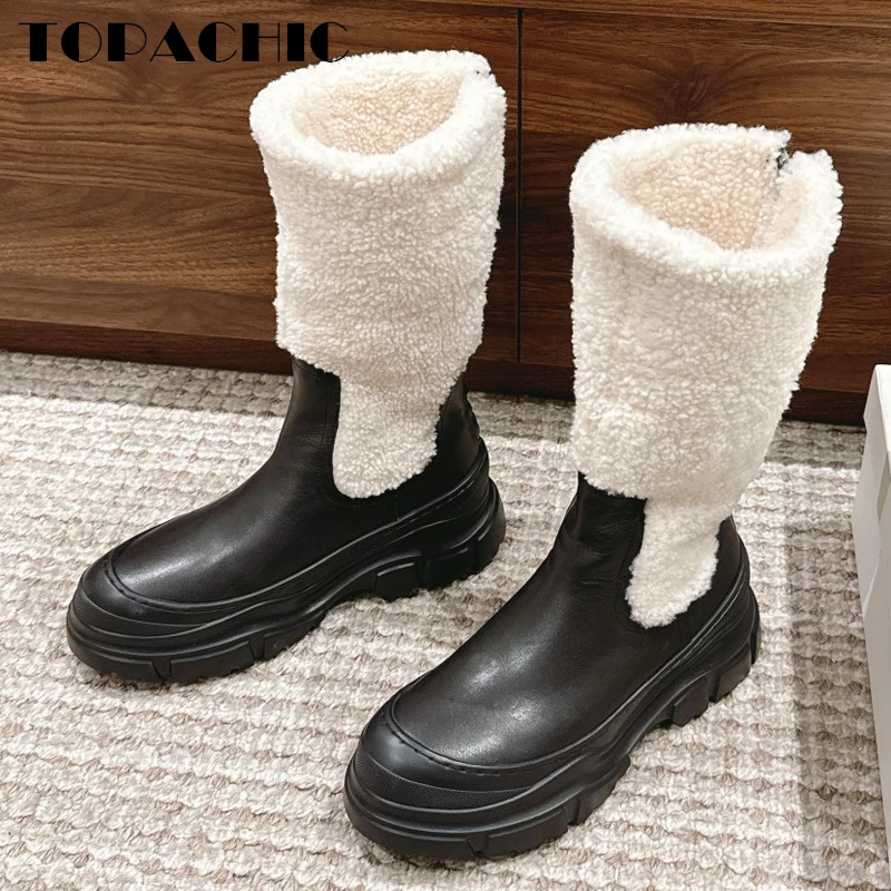 

11.4 TOPACHIC Women's Mid-Calf Snow Boots Back Zipper Casual Fleece Genuine Leather Height Increasing Round Toe Boots