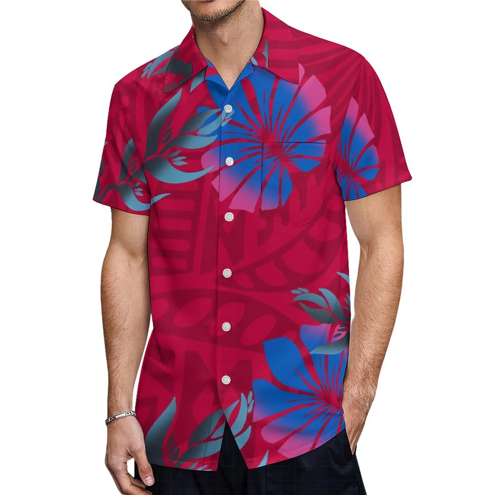 

Гавайская полинезийская стильная красная дизайнерская рубашка для мужчин 2024 уличные повседневные топы с коротким рукавом на пуговицах свободного кроя