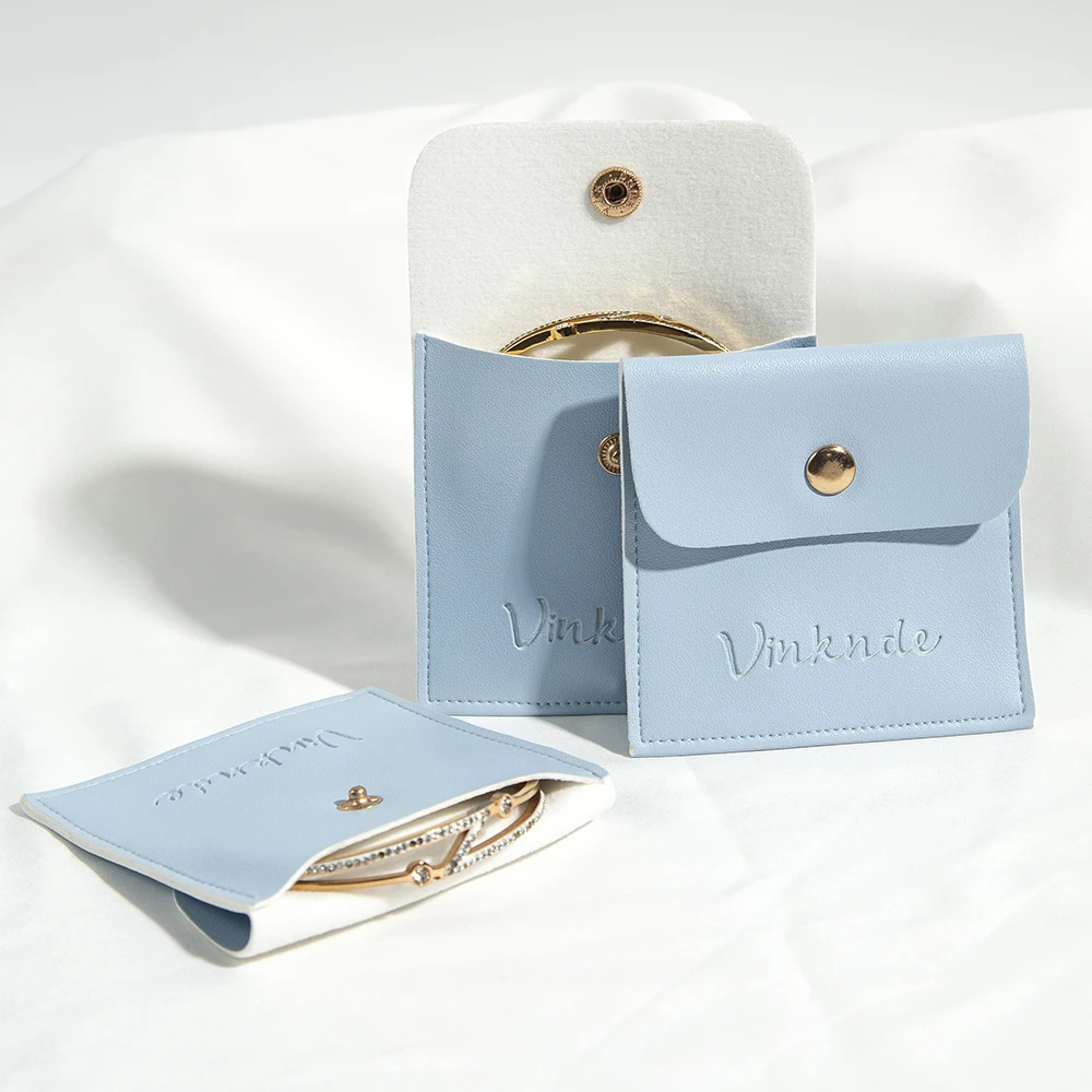 

Custom Logo PU Leather Jewelry Gift Bags Earring Ring Packaging Organizer Waterproof Snap Button Pouch Wedding Party Favor Bag