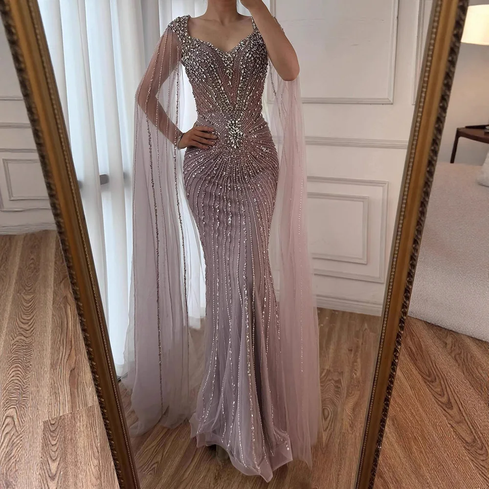 Serene Hill 2025 Customized Nude Cape Sleeves Beaded Saudi Arabic Evening Dresses Gowns for Formal Occasion LA72575A