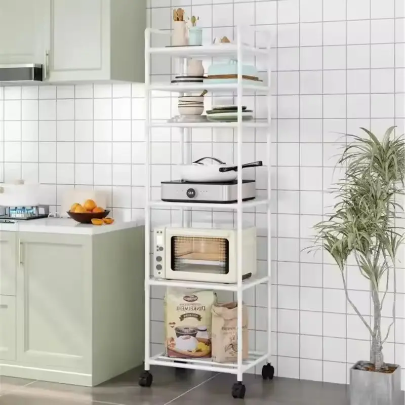 Floor-Standing Multi Layer Storage Rack Shelf Storage Rack Rolling Storage Cart with Pulley Trolley Bathroom Kitchen Microwave Storage Rack Kitchen Accessories