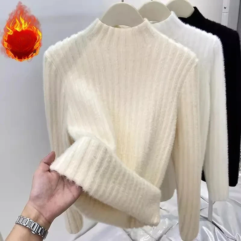 New Autumn/winter Women's Semi-turtleneck Long-sleeved Slim Sweater Warm Elegant One-piece Fleece Casual Knitwear Top
