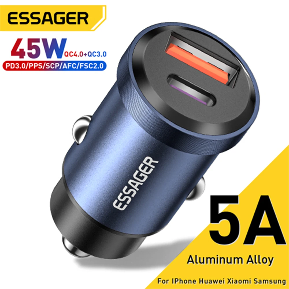 

Essager 45W USB Car Charger Quick Charge4.0 QC PD 3.0 SCP 5A USB Type C Mini Fast Charging For iPhone14 13 Huawei Samsung Xiaomi