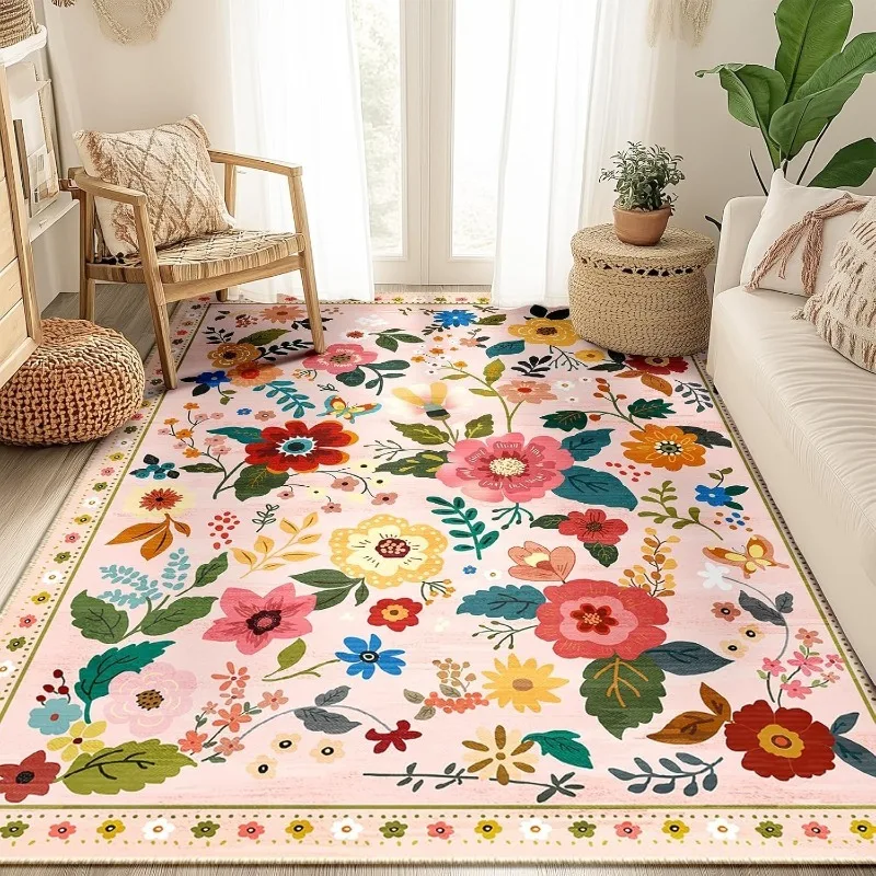 Retro Flower Living Room Carpet Fashion Light Luxury Bedroom Rugs Machine Washable Non-slip Large Area Sofa Coffee Table Mats 러그
