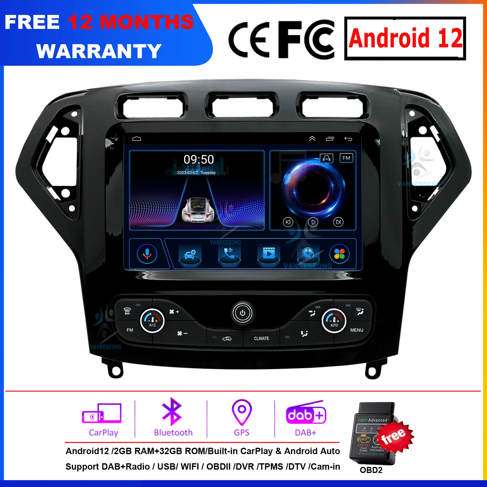 

9" Android 12 CarPlay Android Auto Car Stereo GPS Navigation FM Radio Head Unit For Ford Mondeo MK4 2007-2010 Autoradio