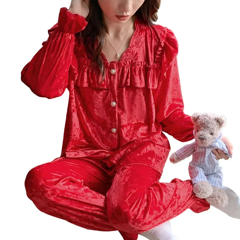 Autumn and Winter Women's Pajamas Velvet Lace Cardigan Button Set Pajamas Women's Korean Casual Home Clothes with Cushion