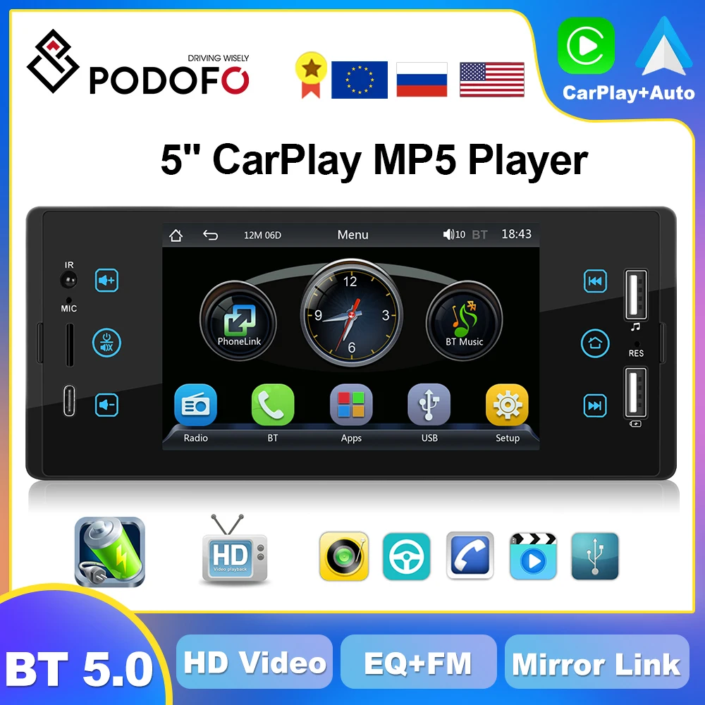 

Автомагнитола Podofo, 1DIN, Android, 5 дюймов, универсальный стереоприемник