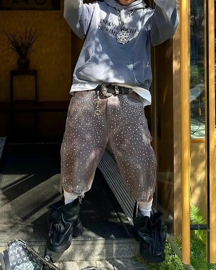 American Shorts Y2K Jeans Mens Womens Harajuku Retro Hip Hop Rhinestones Sequins Baggy Denim Gym Shorts High Waist Casual