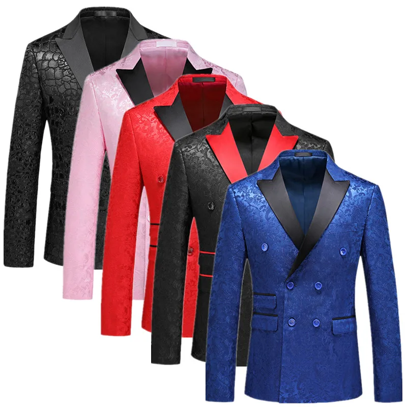 

High-grade Men Luxury Wedding Party Dress Suit Double-breasted Jacquard Jacket Black Blue Fashion Business Social Tuxedo Blazer