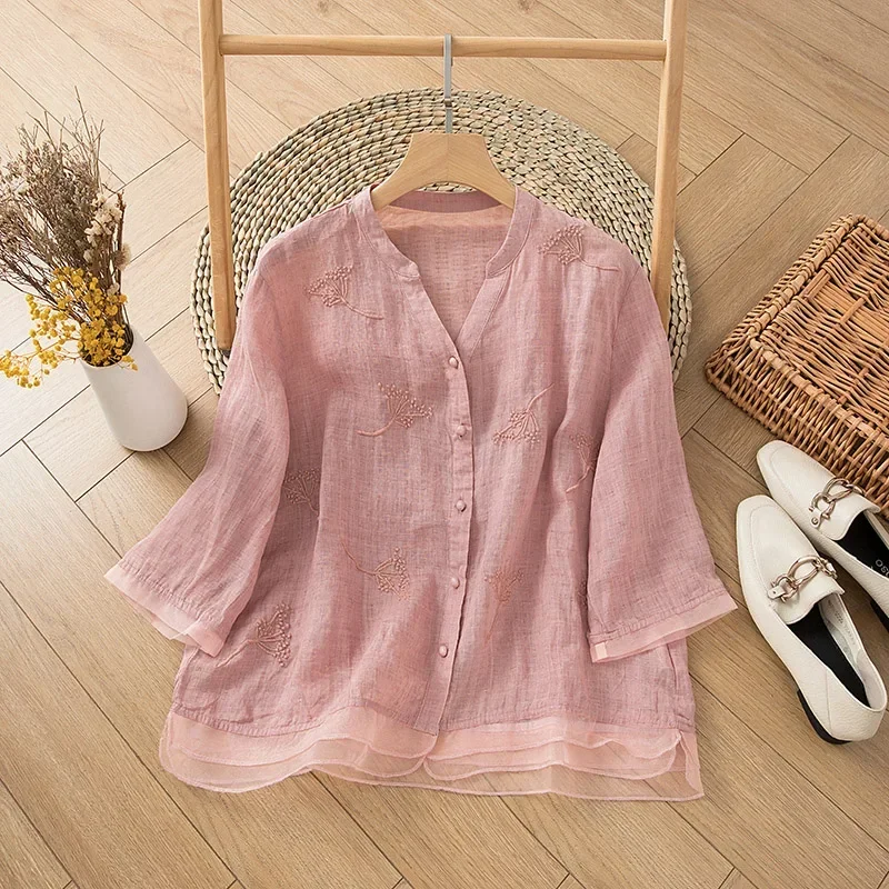 Chinese Style Women's Shirt Cotton Linen Vintage Blouses Loose Embroidery Clothing Short Sleeves Summer Women Tops 2024 Korean
