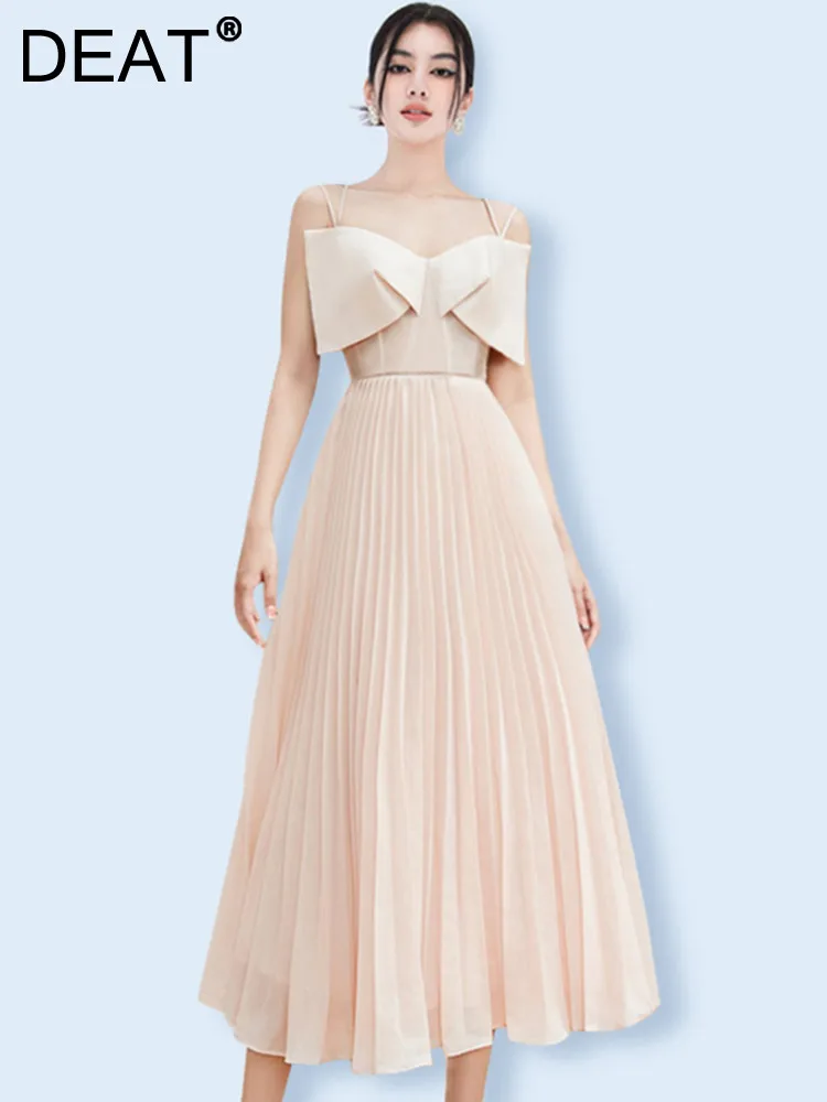 

DEAT Bow Pleated Sling Dress 2024 Autumn Women New Medium Long Sleeveless Elegant A-line Evening Party Dresses Elegant 15G6692