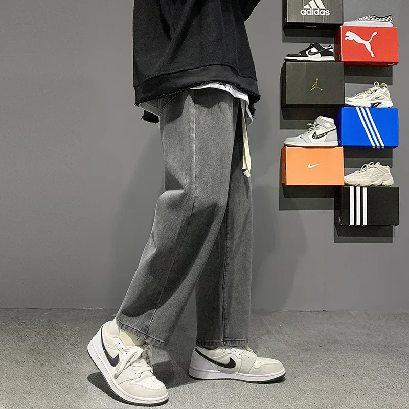 

2022 Autumn New Men's Baggy Grey Jeans Streetwear Loose Straight Elastic Waist Design Ankle-Length Pants Korean Skate Pants
