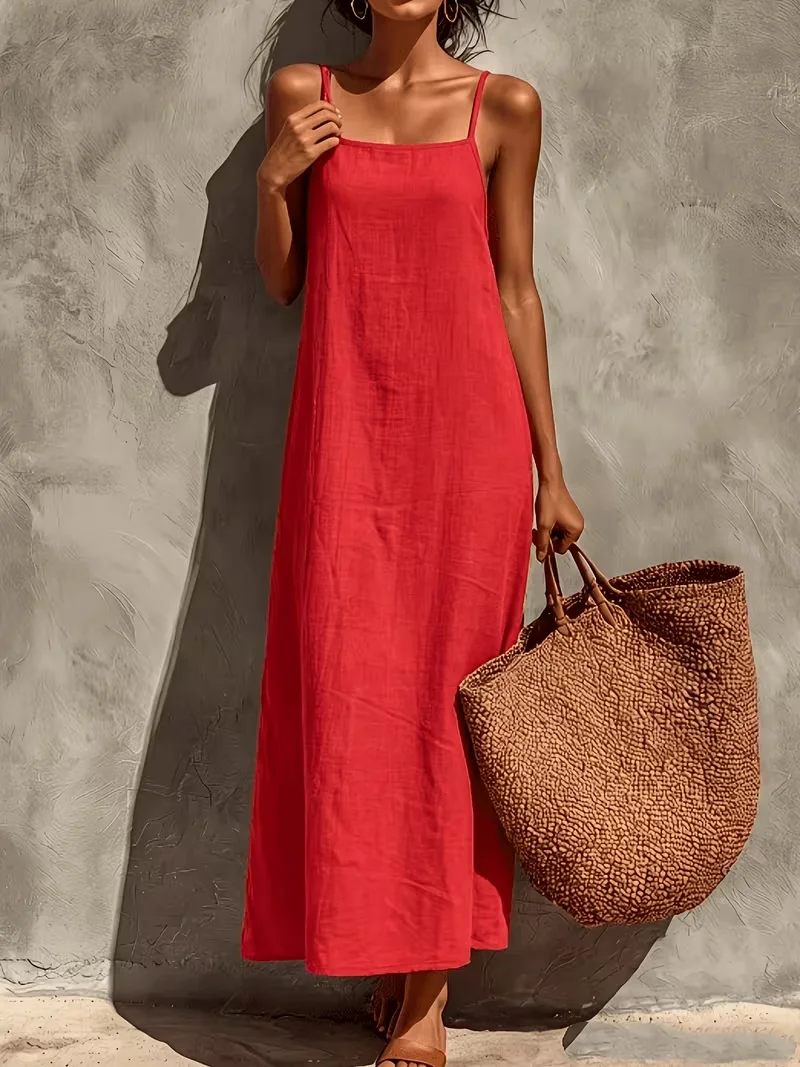 Neues Sommer-Leinen-Slip-Kleid für Damen im französischen Stil, Vintage Rotes Kleid mit eckigem Ausschnitt, lockeres gerades Maxikleid, aus ausgewähltem Leinenstoff, feuchtigkeitsableitend