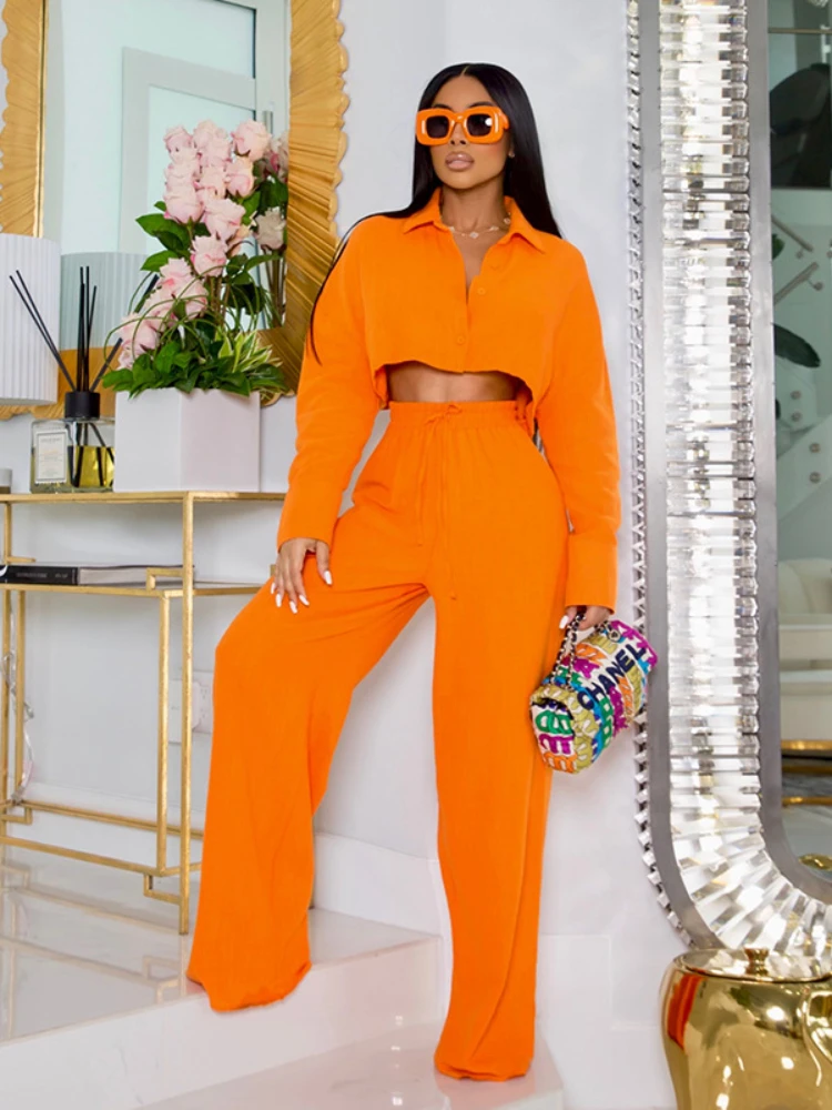 

Casual Baggy Shirt Sets Cropped Shirt and High Waist Wide Leg Pants 2 Piece Set Women Summer Fashion Solid Streetwear Clothes