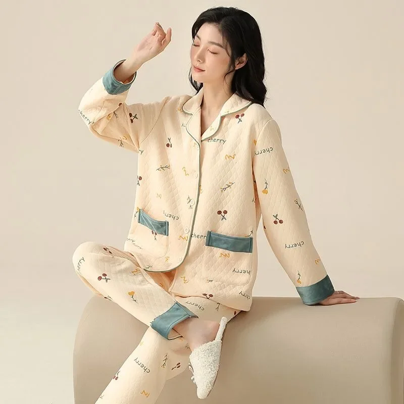 2024 New Autumn Winter Three-layer Warm Air Cotton Sandwich Pajamas Thick Long Sleeve Loungewear Women Thin Cotton Homewear Set