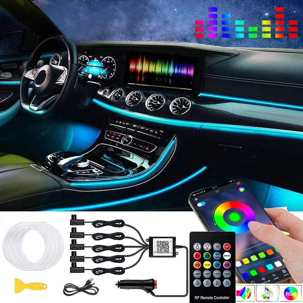 

6IN1 8M RGB LED Atmosphere Car Interior Ambient Light Fiber Optic Strips Light by App Control Neon LED Auto Decorative Lamp