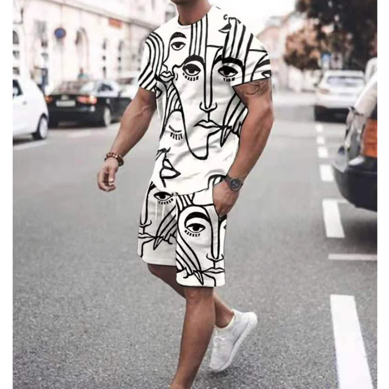 2 Piece Outfit Mens Trend Printed Shirt + Pants Set Casual Short