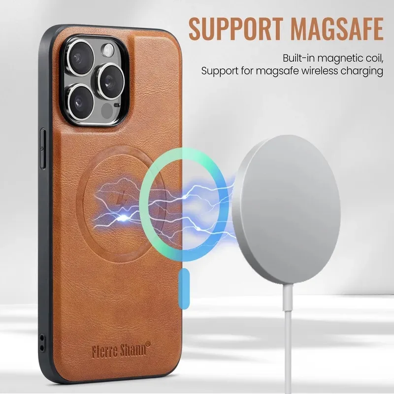 Magnetic Detachable Leather Wallet Phone Stand with Wireless Charging Compatibility