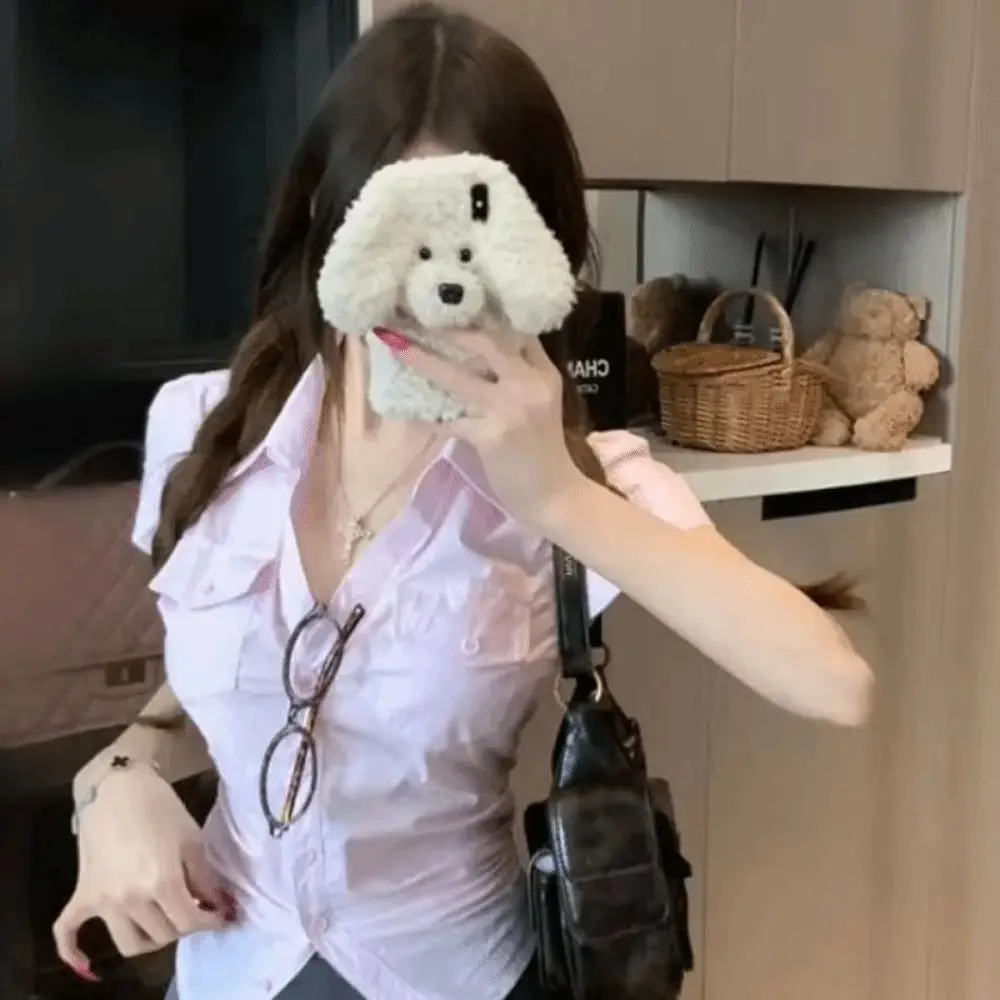 Casual Short Blue Grid Shirt Korean Style Streetwear Women Blue Grid Blouse Pink Ruffle Long Sleeve Tops Travel