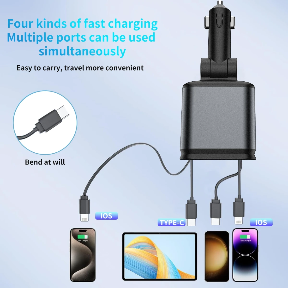 Retractable Car Charger, 4 in 1 Fast Charging Car Charger 100W, Retractable Cable Charger, Compatible with iPhone and Androi