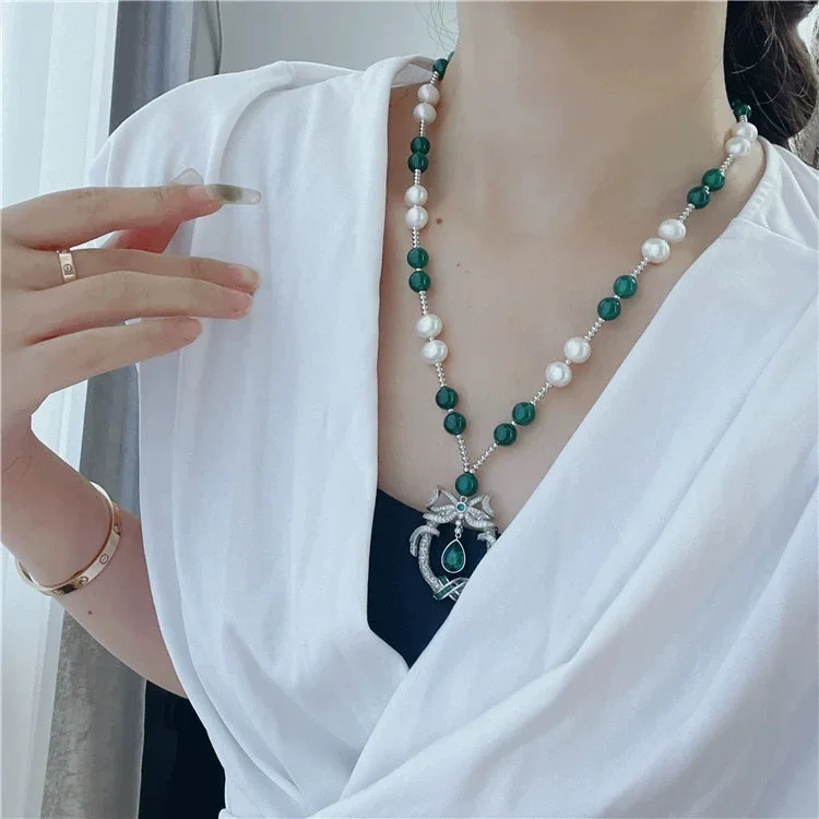 New Natural Freshwater Pearl Green Agate Necklace