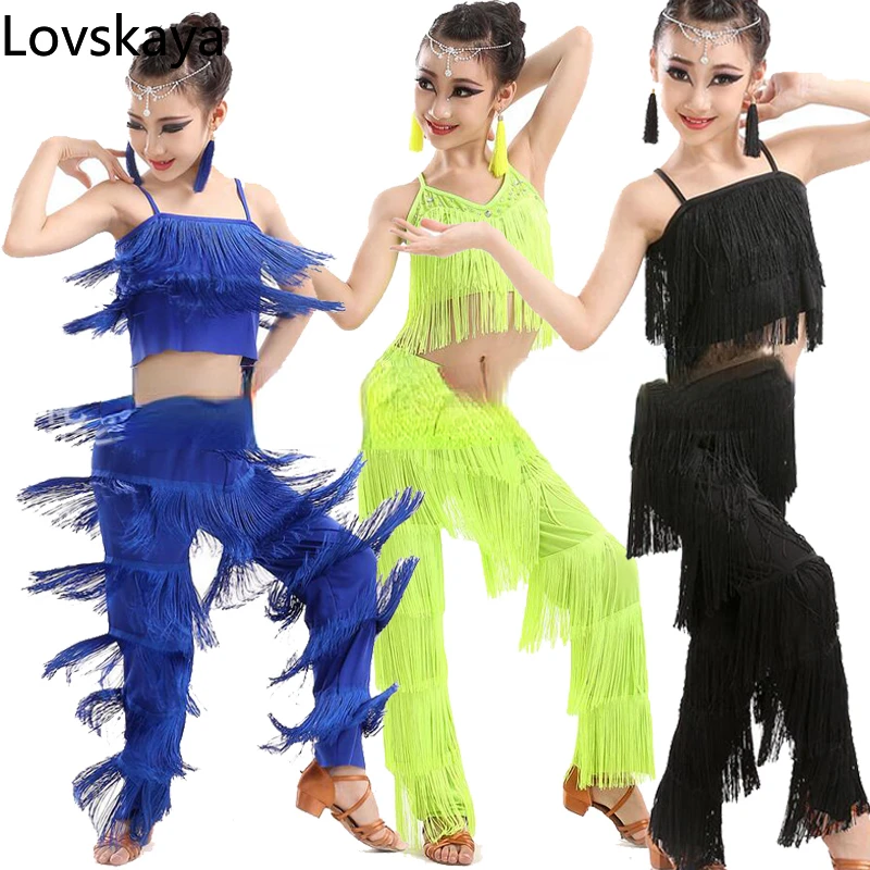 

Latin Dance Dress Girls Gymnastics Practice Costumes Kids Dancewear Sequins Stage Tassels Competition