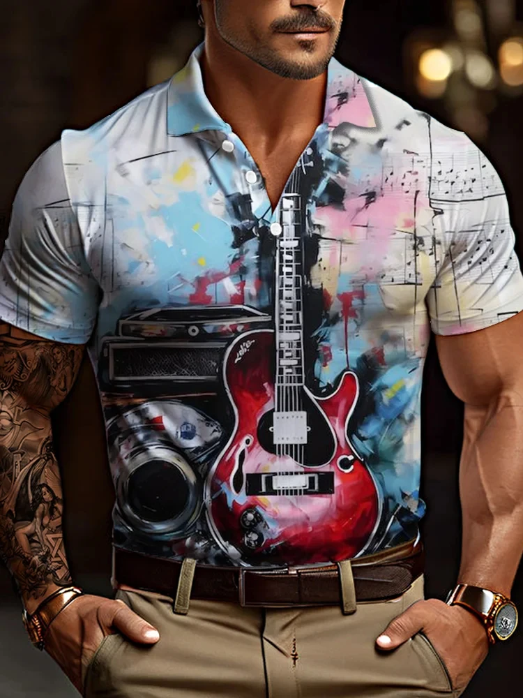 

Рубашка-поло мужская с принтом музыкальных нот, Повседневная Свободная футболка с коротким рукавом, с 3D-принтом, топ оверсайз, на лето