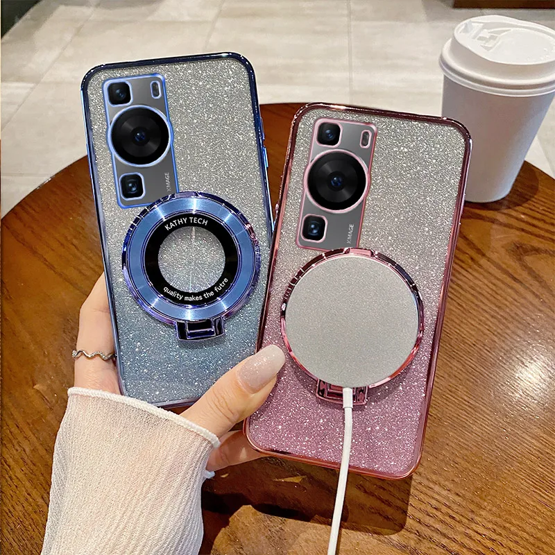 

P60 P50 Mate 60 Cover For Huawei P60 Pro P50 P40 P30 Mate 60 50 40 30 Glitter Magnetic Wireless Charging Stand Holder Phone Case