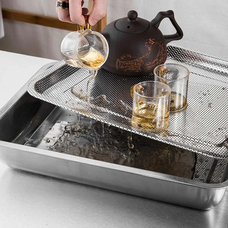 Thickened Stainless Steel Dense Hole Drain Tray Rectangle Frying Oil Filter Pan Fruit Vegetable Storage Dish Kitchen Accessories 6