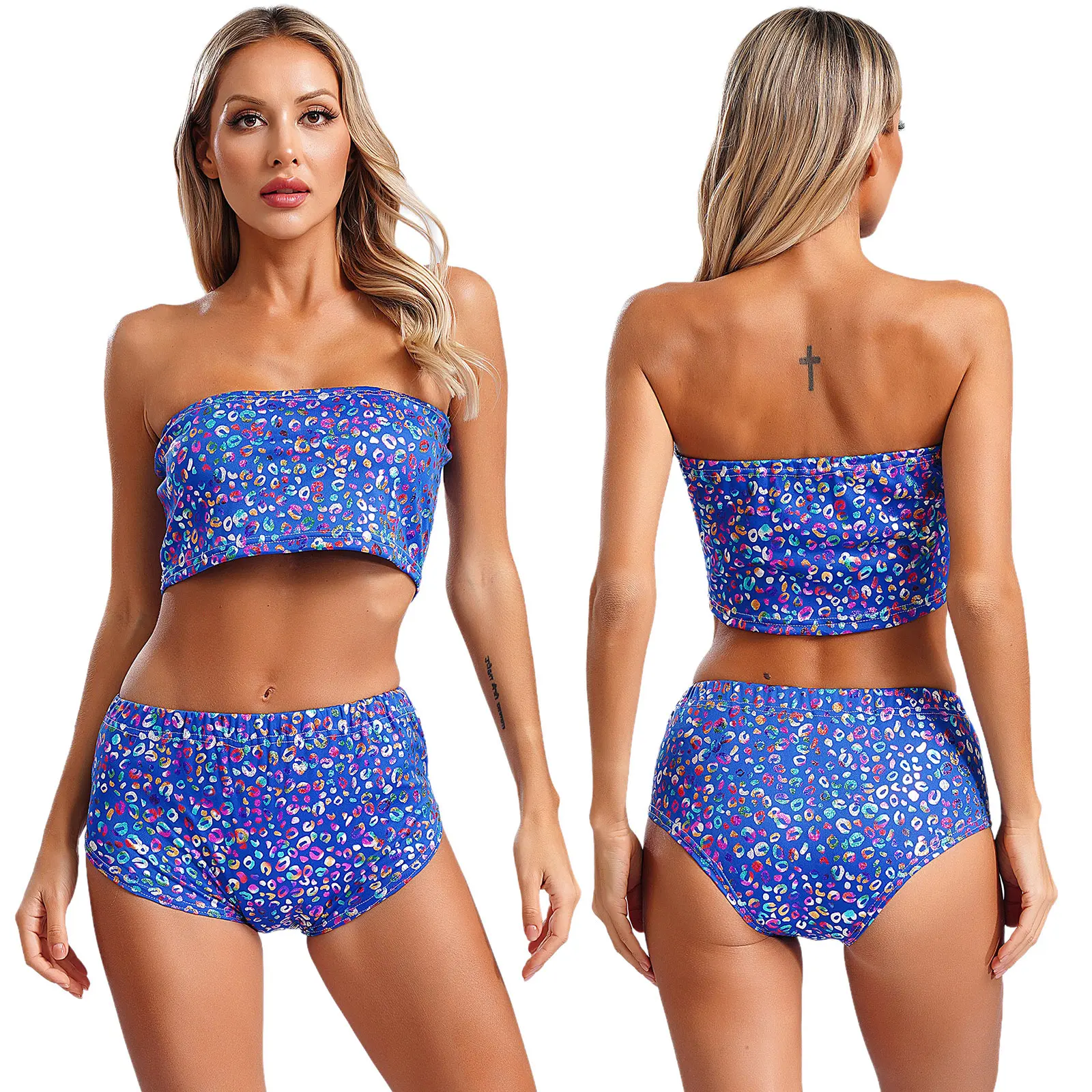 thumbnail image 1 of Traje de actuación de baile en barra para mujer, Top de tubo con estampado de leopardo metálico, Top recortada sin breteles con pantalones cortos, ropa para discoteca y Festival de Música, 1 of 5