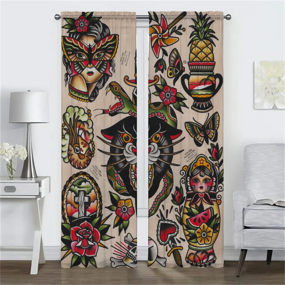 New School Tattoo Shades Curtains for Living Room Curtain for Room 2 Panel Home Interior Curtains Halloween Decoration Partition 2
