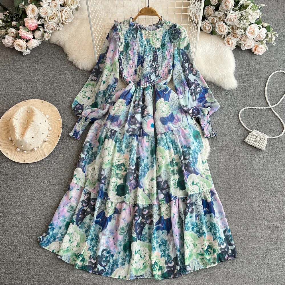 

SuperAen Long Sleeves Round Neck High Waist A-line Print Dress Elegant Big Swing Long Dress for Women