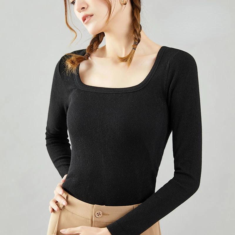 Large Round U-neck Square-neck Warm Slim Underwear Women's Autumn and Winter Solid Color Bottoming Shirt Threaded Cotton