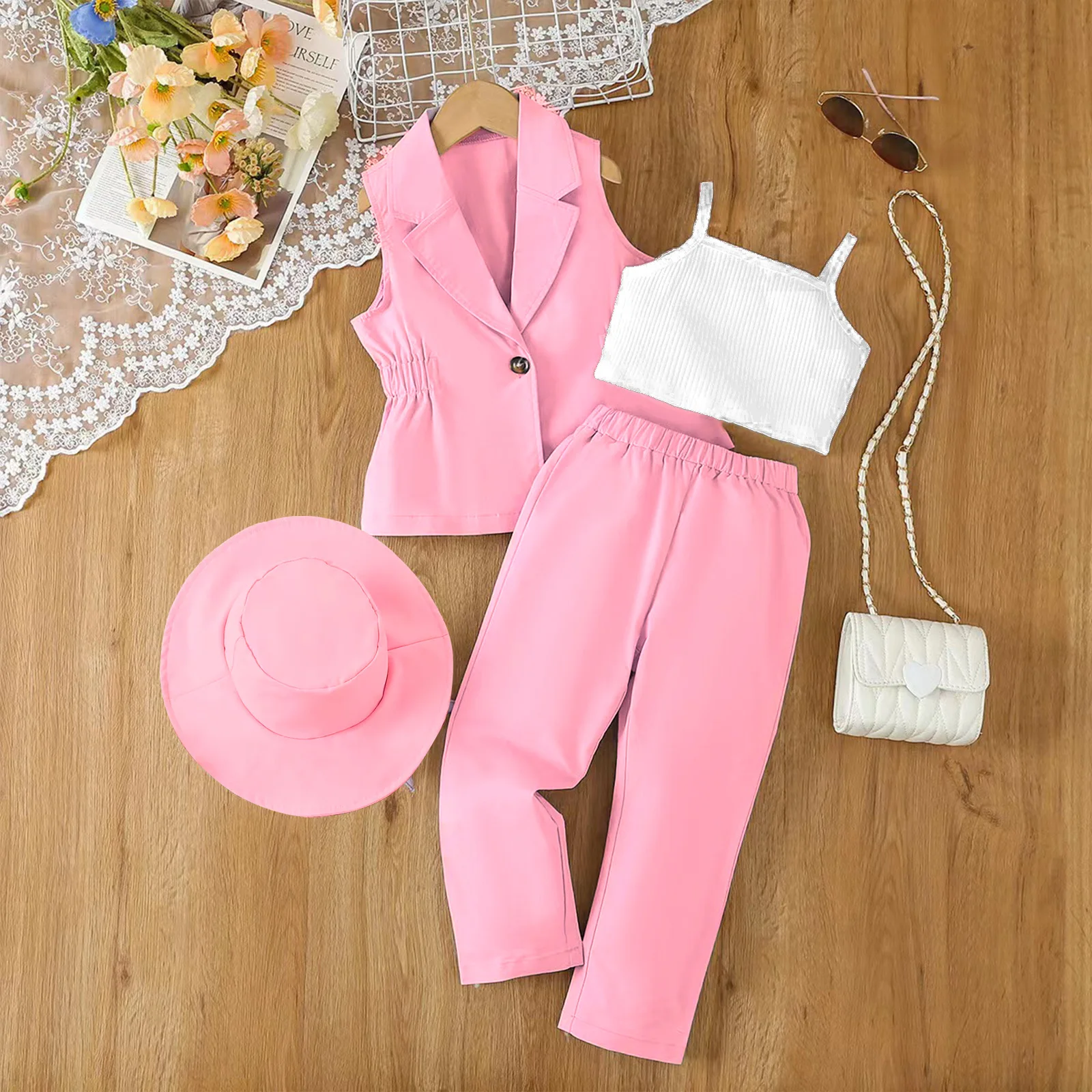 Summer Girls Clothes Sets Sleeveless Lapel Suit Coat Waistcoat + Solid Tank Top + Pants + Hat Kids Children's Casual Clothing