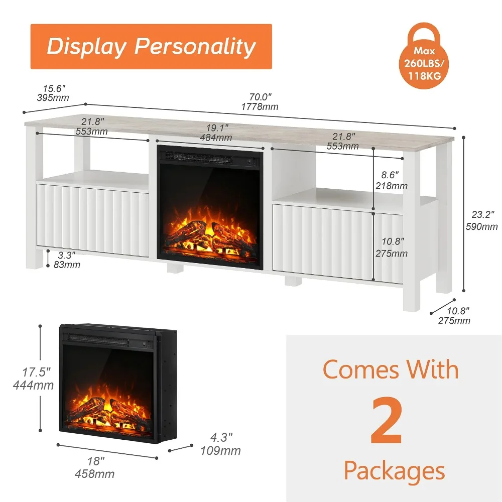 Modern LED Fireplace TV Stand for 75 Inch TV & 16 Color LED Light, Entertainment Center with Storage Cabinet, White Fireplace TV 5