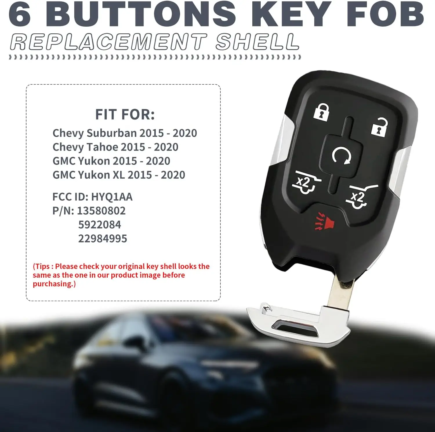 Replacement Key Fob Shell For Chevy Suburban/Tahoe & GMC Yukon (2015-2020) - 6 Button Case, No Electronics