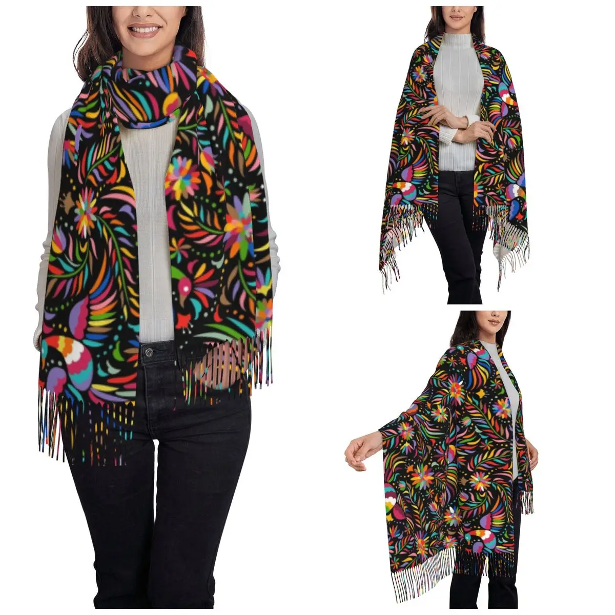 Women's Tassel Scarf Retro Mexican Floral Large Winter Fall Shawl and Wrap Ethnic Flowers Daily Wear Cashmere Scarf 2