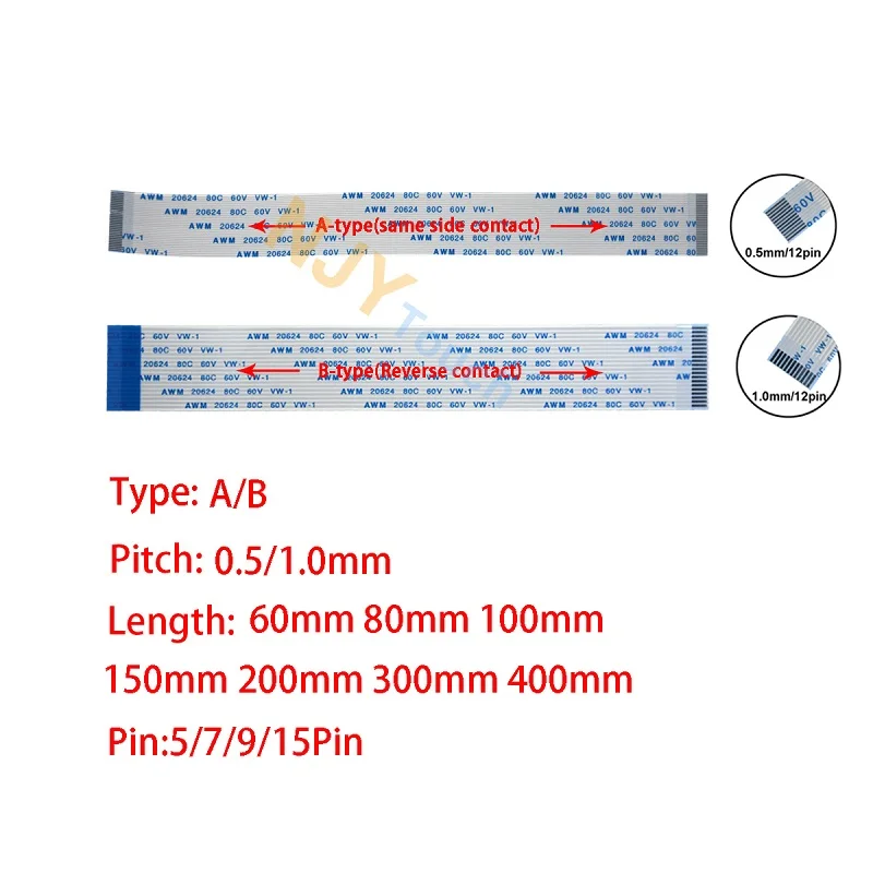 Плоский гибкий кабель 60-20624 мм 5Pin 7Pin 9Pin 15Pin FFC FPC AWM 0,5 80C 60V VW-1 1,0 мм 400 мм