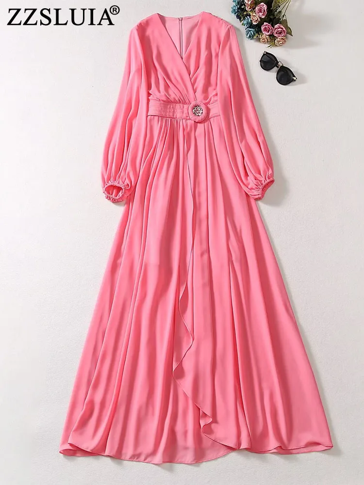 

ZZSLUIA Elegant Dresses For Women Solid Color V Neck Folds Designer Slim Slit Dress Fashion Lantern Sleeve Prom Long Dresses