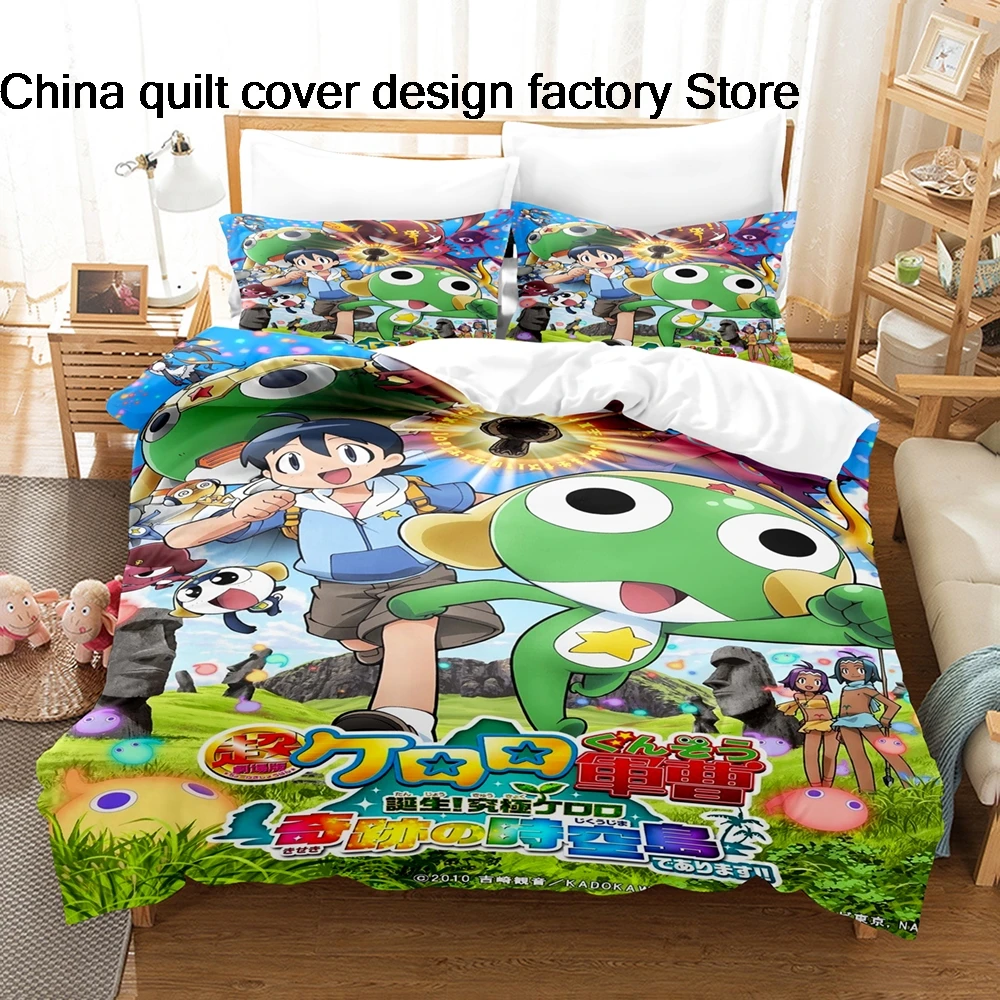 Keroro Gunso 침구 세트 3PCS Sgt Frog 애니메이션 프린트 이불 커버 모든 크기 팬 침실용으로 맞춤 제작 가능