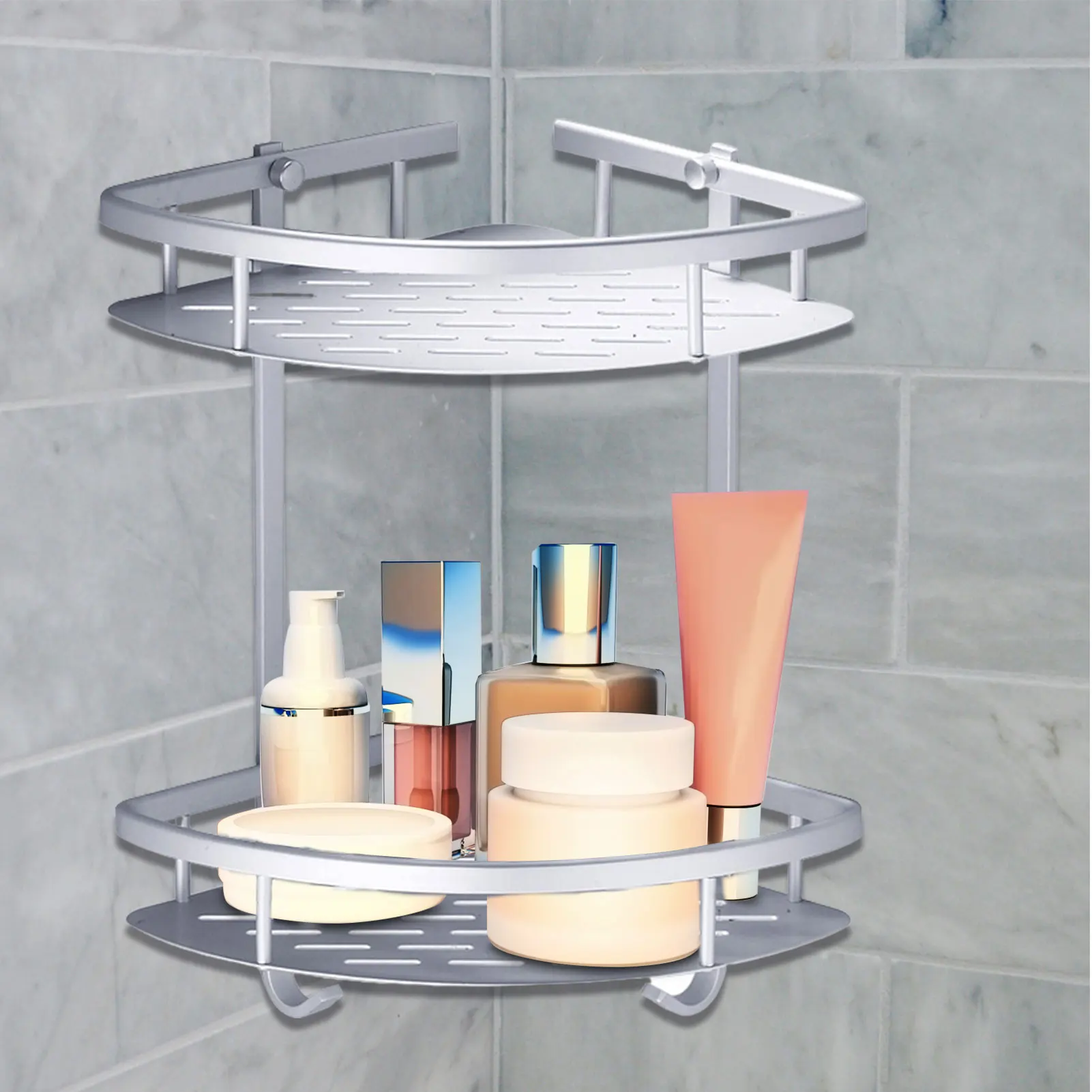 GERUIKE Shower Shelf Corner Shower Caddy Shower Basket Self Adhesive Bathroom Accessories Shelves No Drilling Space Aluminum 4 Hooks Rustproof 2 Tiers Triangle 