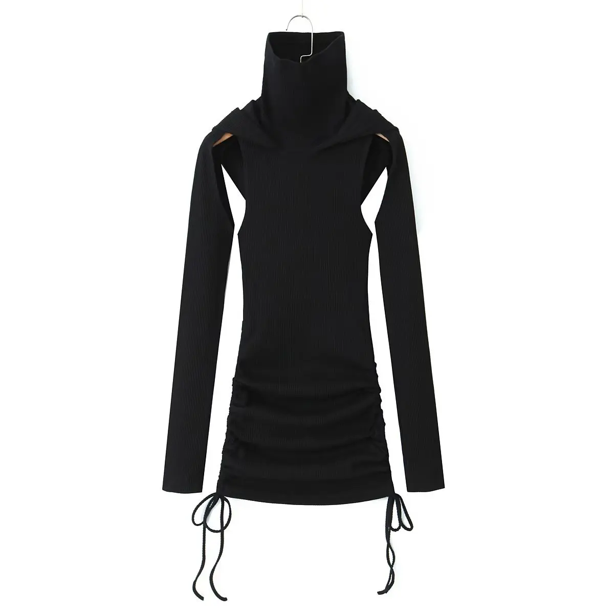 

Women Ribbed Knit Construction Hood Mask Drawstrings Long Sleeves with Thumbhole Cuffs Replay Ruched Mini Dress Charcoal